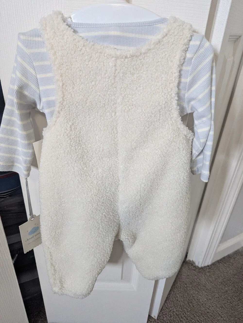 cloud island Cream Sherpa Overalls with Light Blue Stripe Bodysuit